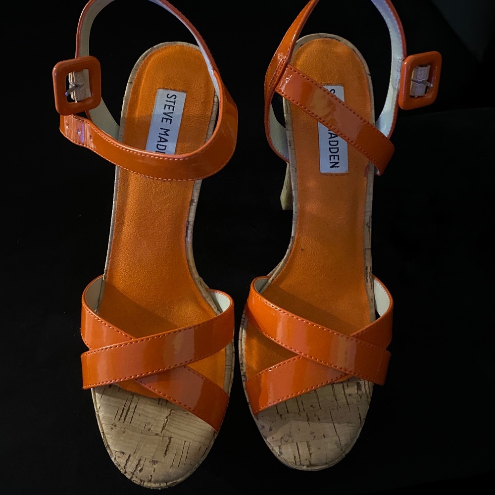 Steve Madden Cork High Heels Orange Leather Sandals